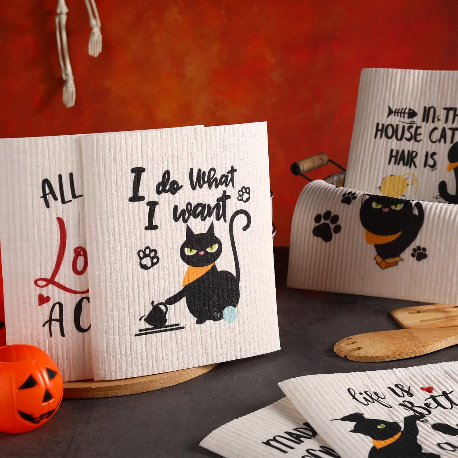 Hoolerry 6 Pcs Funny Black Cat Swedish Kitchen Dishcloths, Reusable Sponge Swedish Cleaning Cloths Washable Dish Cloths Absorbent Christmas Decorative Kitchen Towels Housewarming Gift for Bathroom - Image 7