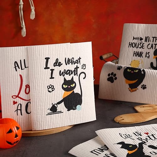Miniatura 7 de Hoolerry 6 paños de cocina suecos divertidos de gato negro sueco, esponja reutilizable, paños de limpieza suecos, paños de cocina lavables