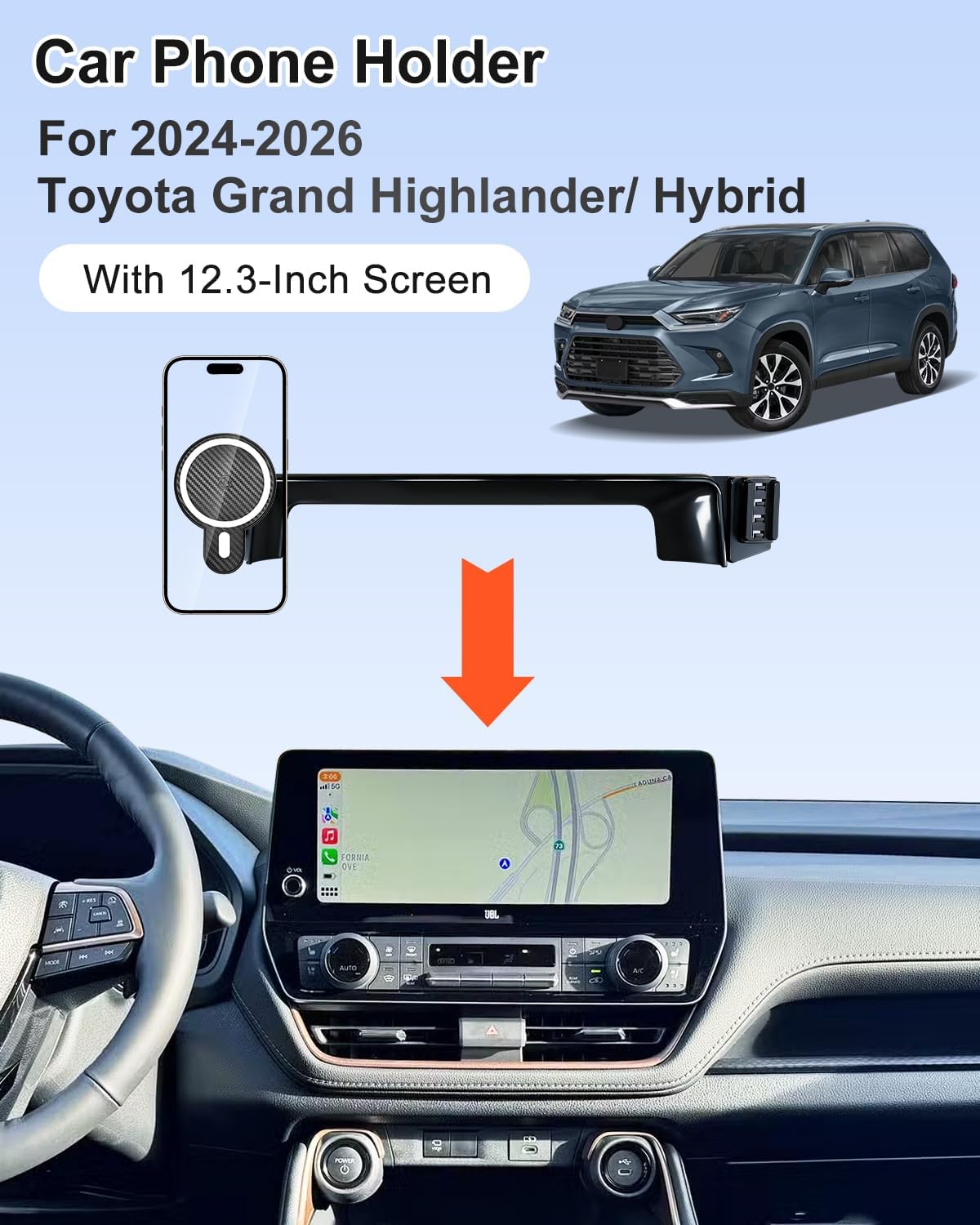 PZK Car Phone Mount for Toyota Grand Highlander/Hybrid 2024 2025 2026 Accessories 12.3-inch Screen 360° Rotation Magnetic 15W Fast Wireless Charger Fixed Clip Car Phone Holder Not Affect Air Vent