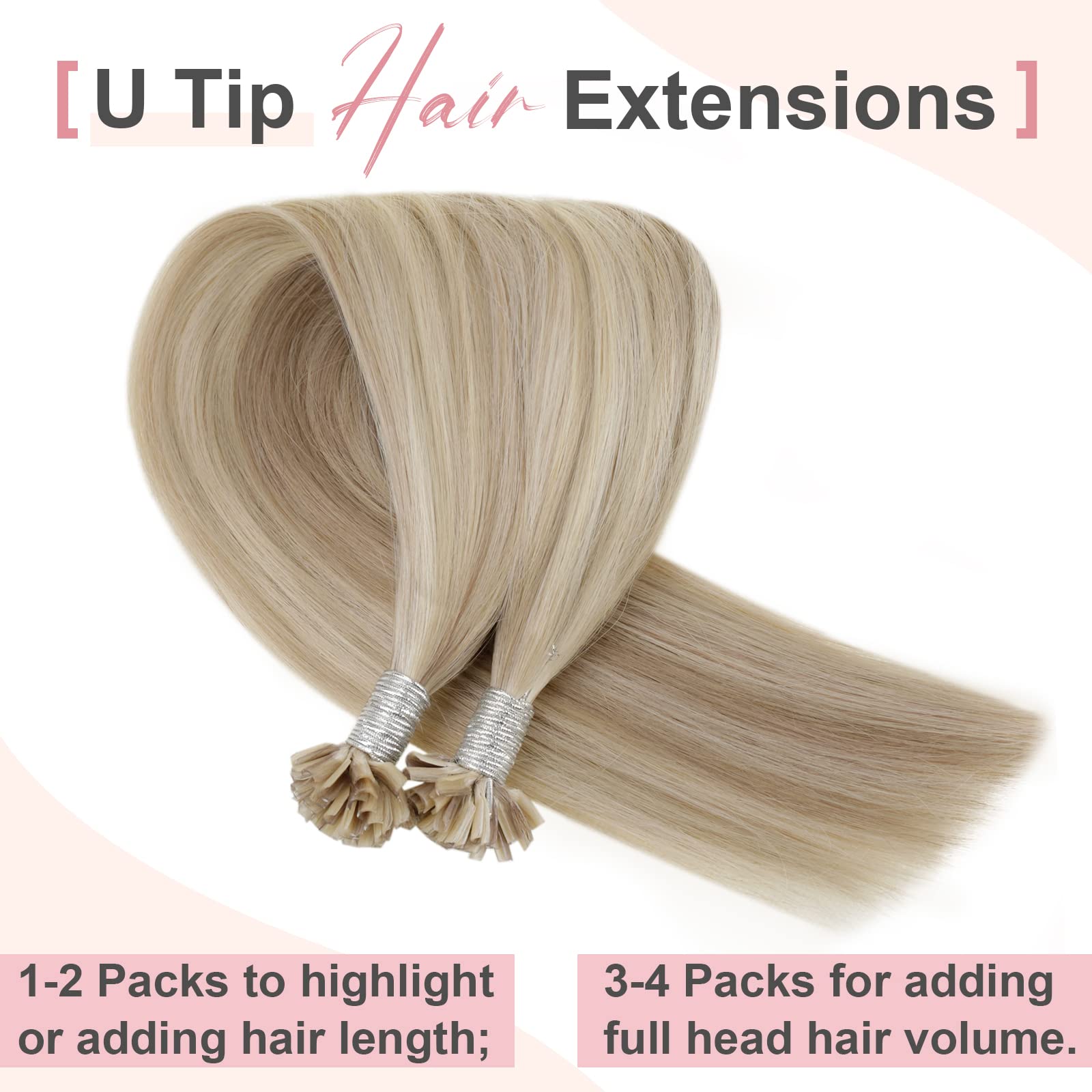 Easyouth U Tip Hair Extensions Human Hair Highlight Blonde U Tips Human Hair Extensions Ash Blonde Mixed Bleach Blonde Pre Bonded Human Hair Extensions U Tip Hair 14 Inch 50g/50s - Image 2