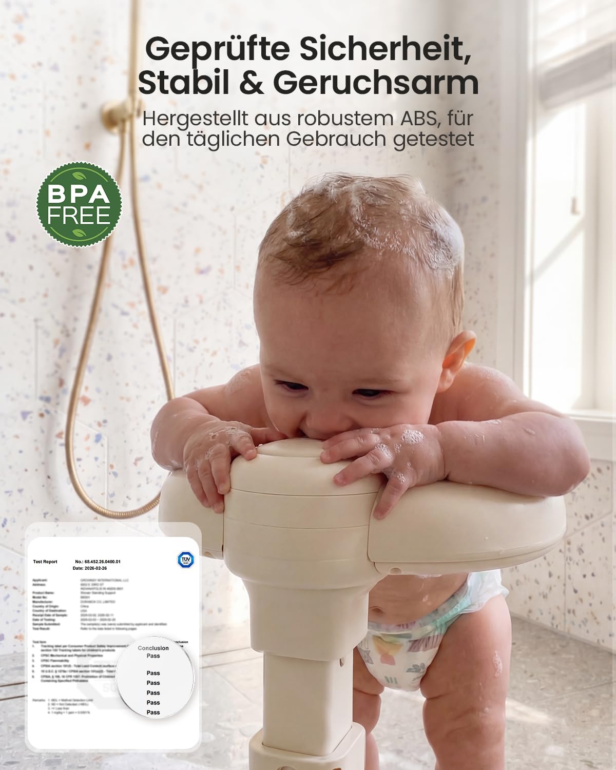 Grownsy Baby Dusche Ständer & Badewannenhilfe ab 6 Monaten, Faltbare Duschhilfe mit Verstellbarer Steh-Duschstütze und Anti-Rutsch-Basis