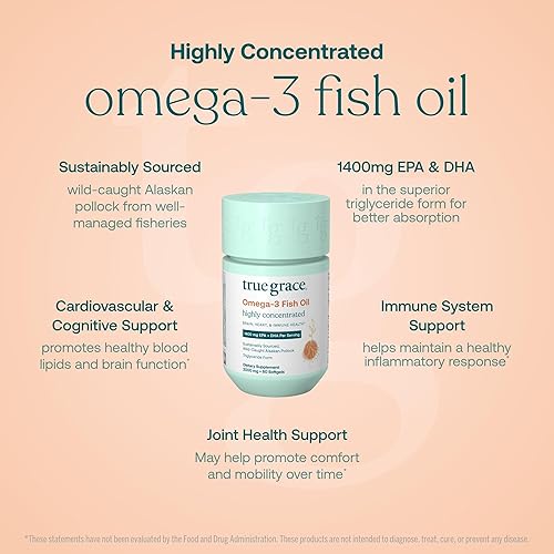 Miniatura 3 de True Grace Aceite de pescado omega-3 - 60 cápsulas blandas - 1400 mg de EPA + DHA - Salud cerebral, cardíaca, articular e inmunológica - Orgánico