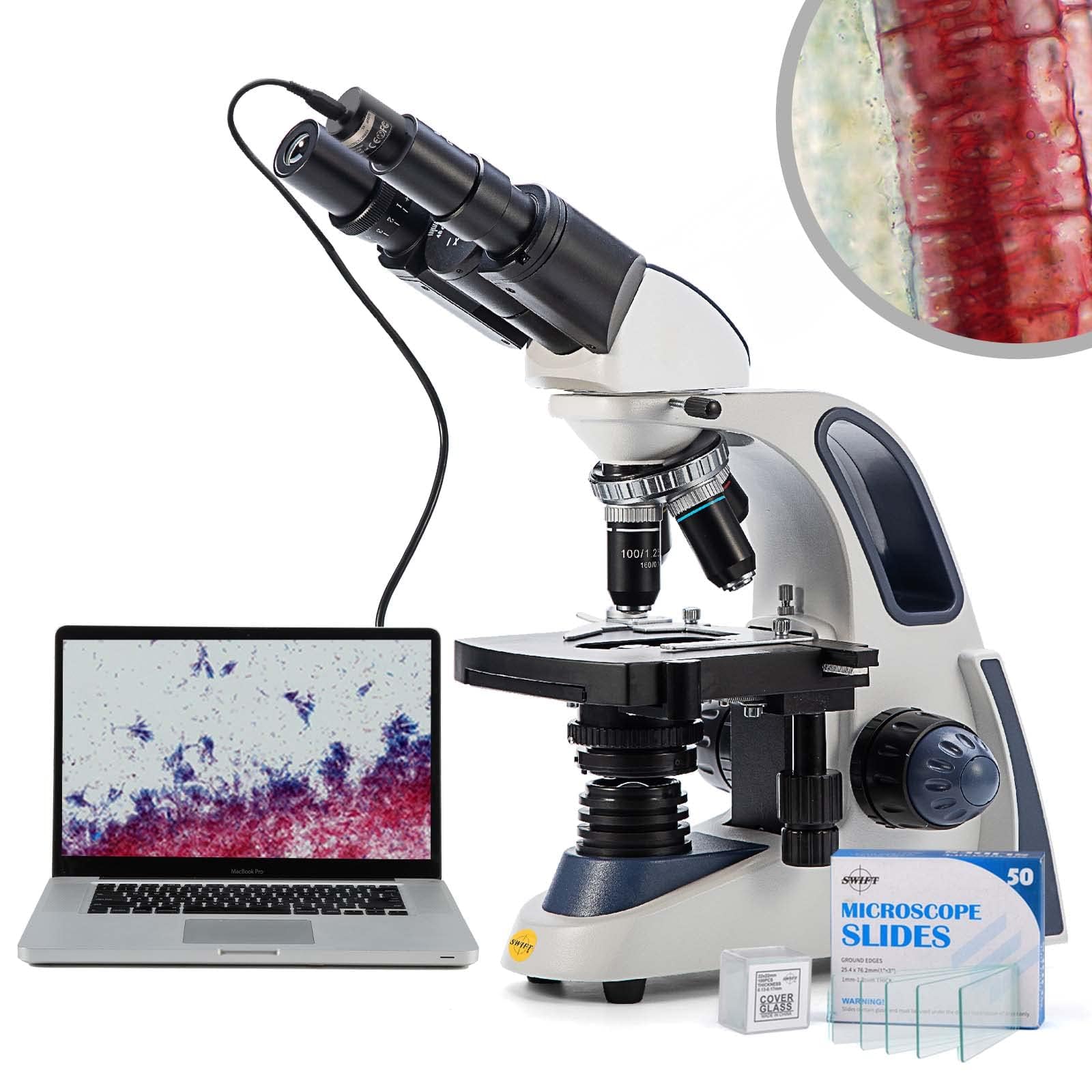 SWIFT SW380B-EC5R-BSC-BS50 40X-2500X Siedentopf Research-Grade Compound Lab Binocular Microscope with 5mp Camera and 150PCS Blank Slides and 200PCS Coverslips