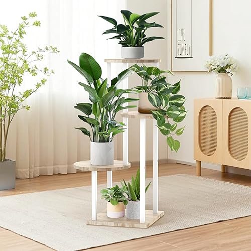 Miniatura 2 de Soporte alto para plantas de metal blanco y madera de 4 niveles, estante para interiores, soporte para macetas de flores para múltiples plantas