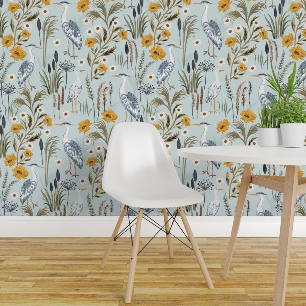 Spoonflower Removable Wallpaper 3ft x 2ft - Heron French Country Coastal Birds Mint Blue Custom Pre-Pasted Wallpaper