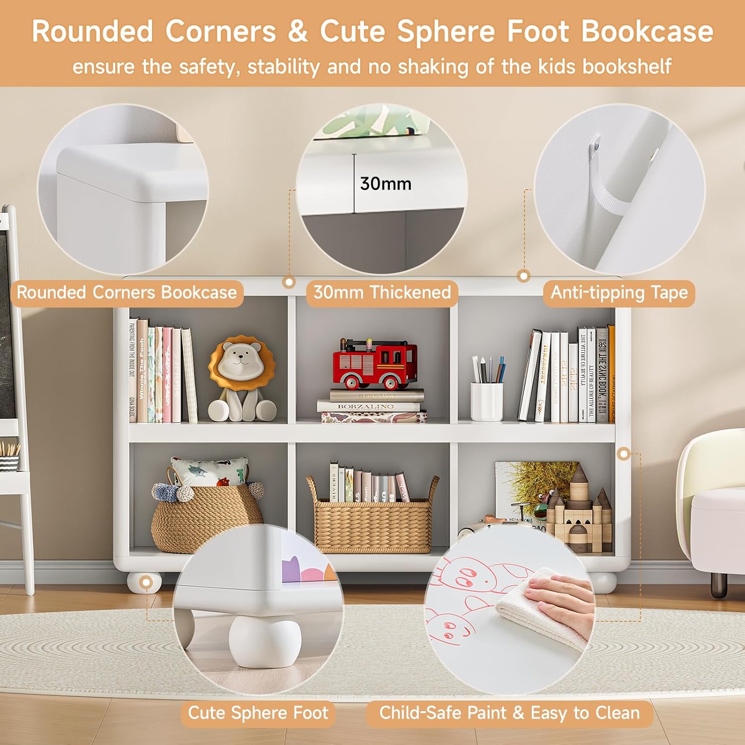 ONBRILL Kids Bookcase with 6 Cube Storage, Toy Storage Organizer with All-Rounded Design, Montessori Shlef with Sphere Foot, Kids Bookshelf for Playroom, Bedroom, Nursery, Classroom (White)