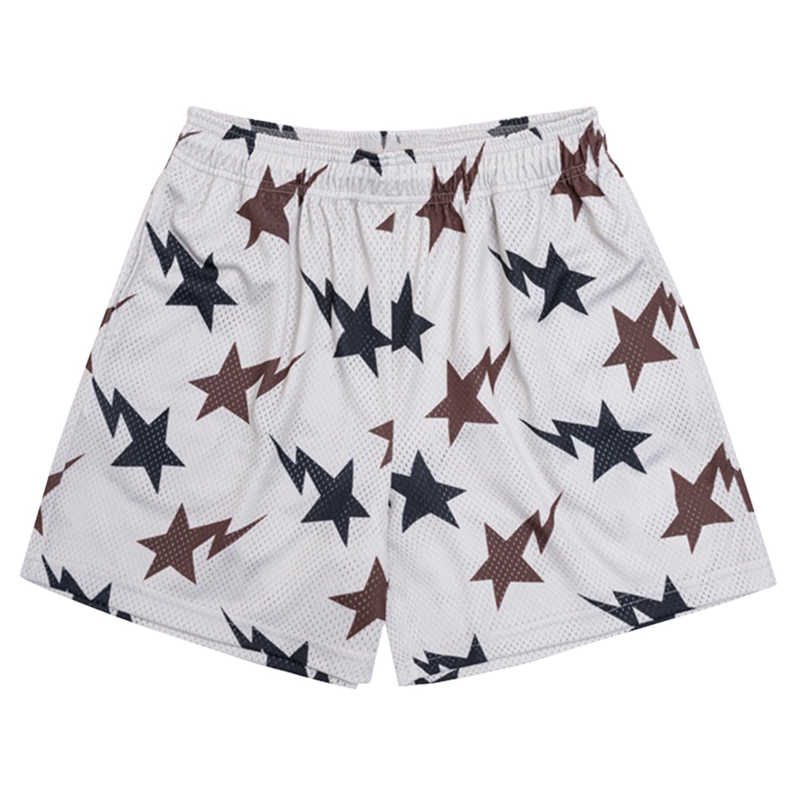 Mens Drawstring Shorts Star Graphic Print Workout Athletic Basketball Casual Summer Running Shorts(White Coffee Large)