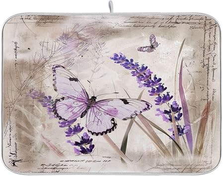 Vivid Pattern Extra Large Kitchen Dish Drying Mat, Vintage Style Lavender Butterfly Absorbent Slip-Resistant Table Protector Multipurpose Counter Rack Sink Drainer Pad,18" x 24"