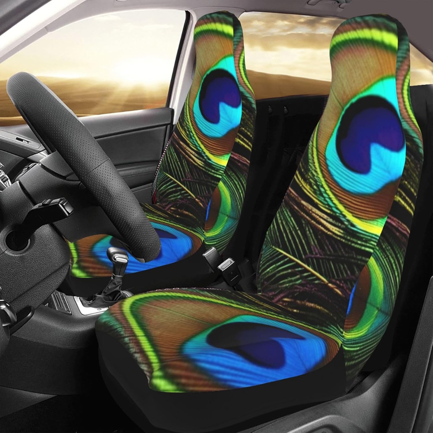 Peacock Feathers Car Seat Covers Front Seats Set of 2, Luxury Automotive Seat Protector for Cars, Waterproof Anti-Slip Car Seat Cushion Cover Universal Auto Front Seats Protector