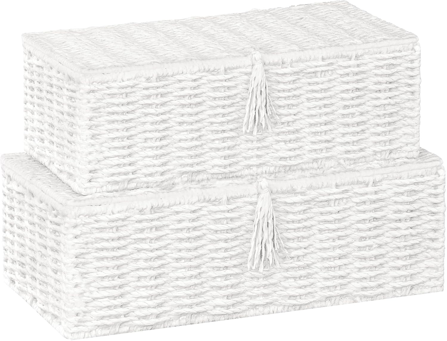 Vagusicc Wicker Shelf Baskets with Lid, Set of 2 Handwoven Wicker Storage Baskets for Shelves, Rectangular Storage Bins with Lids, Decorative Storage Boxes, Small Wicker Baskets for Organizing, White
