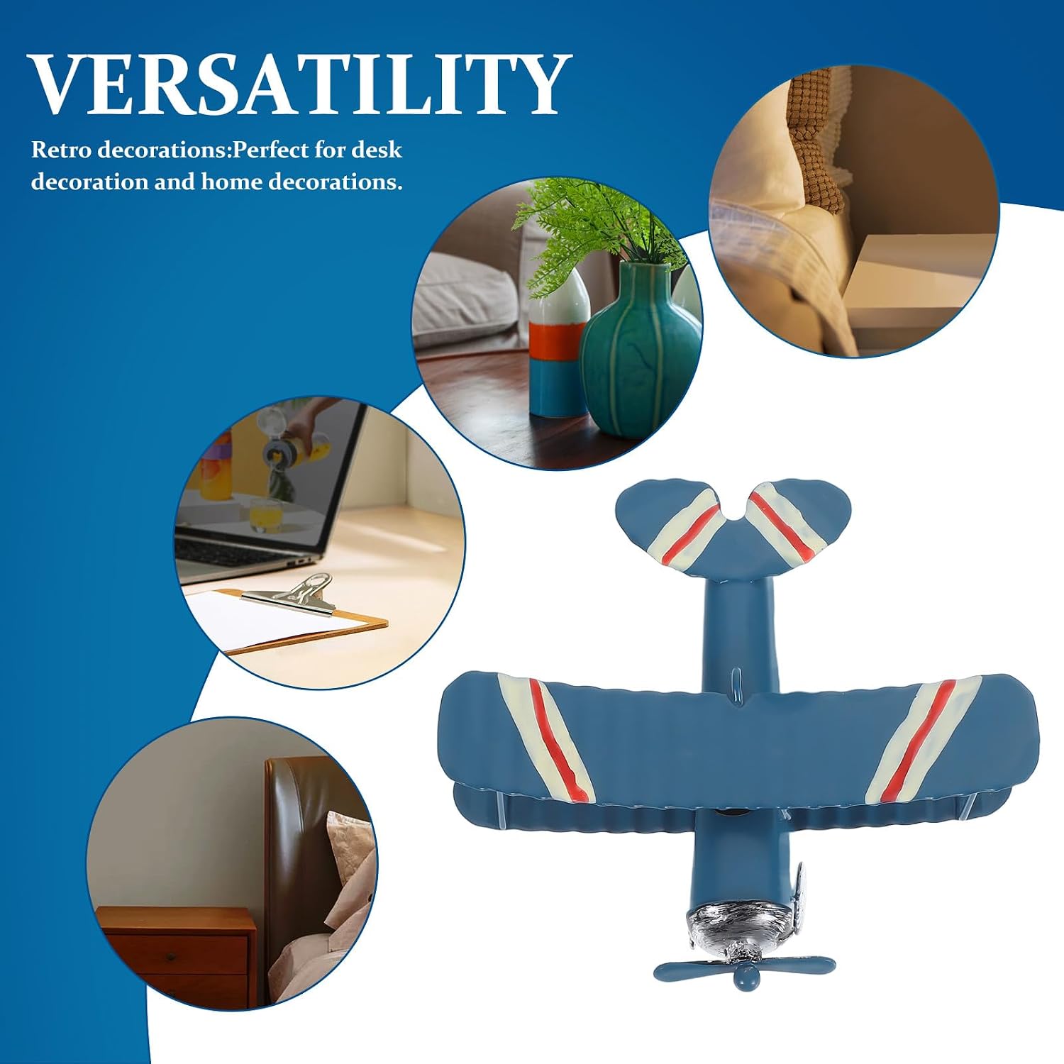 BESPORTBLE 3Pcs Vintage Metal Airplane Model Set, Retro Blue Iron Aircraft Ornaments for Aviation Themed Nursery Decor, Small Biplane Figurines for Desktop Bookshelf and Office Display