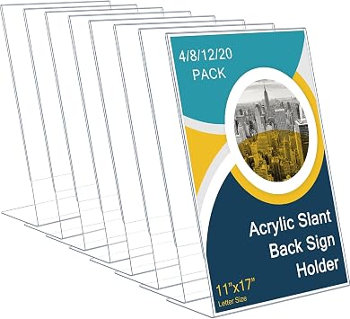 Qilery 4 Pcs Acrylic Sign Holder Clear Display Stand Frame Table Top Slant Back Plastic Sign Holder Flyer Document for Menu Workers Teachers Office School Desktop 11 x 17 Inch