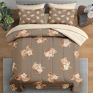 Pamnest Juego de edredón tamaño matrimonial, ropa de cama de 7 piezas de oso marrón para niños y adultos, juegos de sábanas coloridos para niños con sábana bajera, 2 fundas de almohada y 2 fundas de