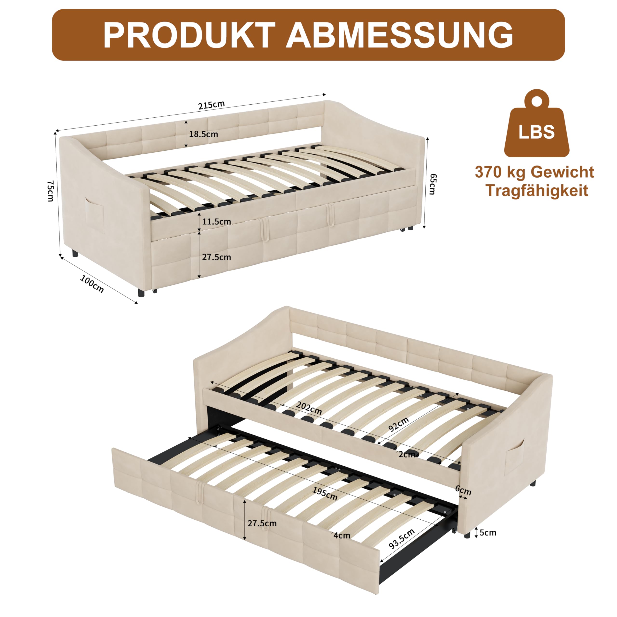 PerGar Sofá cama 90/180 x 200 cm, cama extensible con somier de láminas de madera, sofá cama con cajón, cama nido, cama individual/doble, cama multifunción, franela, sin colchón (color crema)