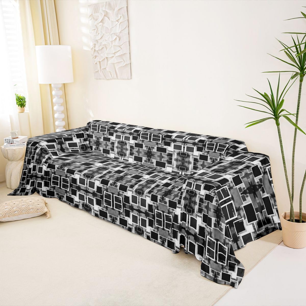 Homewish Funda de sofá geométrica en blanco y negro de 180 x 340 cm