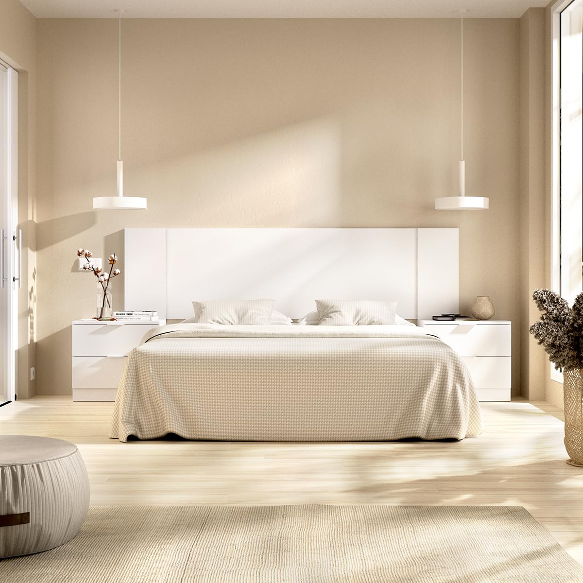 DEKIT Grupo RIMOBEL - Cabezal len para Cama DE 150CM con 2 MESITAS - Blanco - 96x251x34,2cm