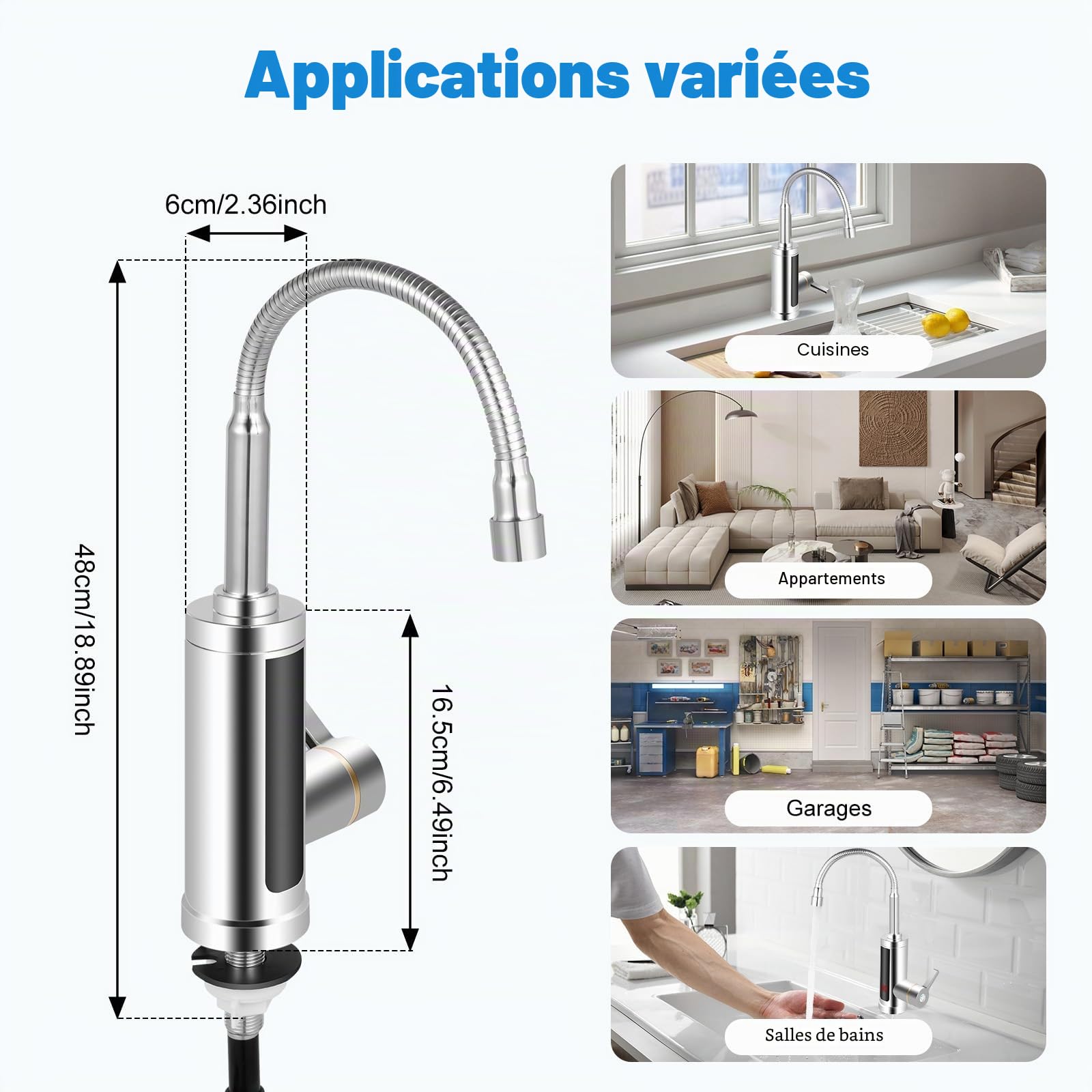 MINRS Robinet avec chauffe-eau, robinet électrique avec indicateur de température LED, sortie rotative à 360°, chauffe-eau électrique avec protection contre les fuites pour maison, hôtel, restaurant
