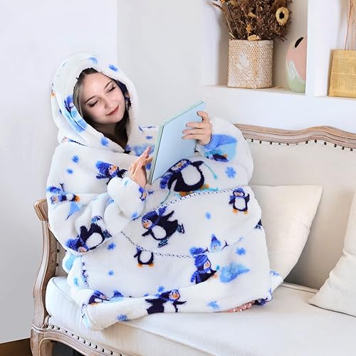 Miniatura 5 de Queenshin Manta con capucha, cómoda sudadera de franela de gran tamaño para adultos, cálida y acogedora manta con capucha