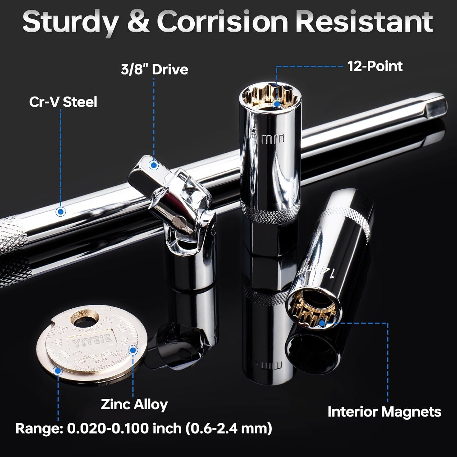 3/8-Inch Drive Torque Wrench Set, 5-50 FT.LB(6.8-67.8 Nm), Magnetic Spark Plug Socket Set, 12-Point Sockets 14mm & 16mm, Spark Plug Gap Tool, ±3% Accuracy, 72-Tooth Torque Wrench for Motor, Car Repair