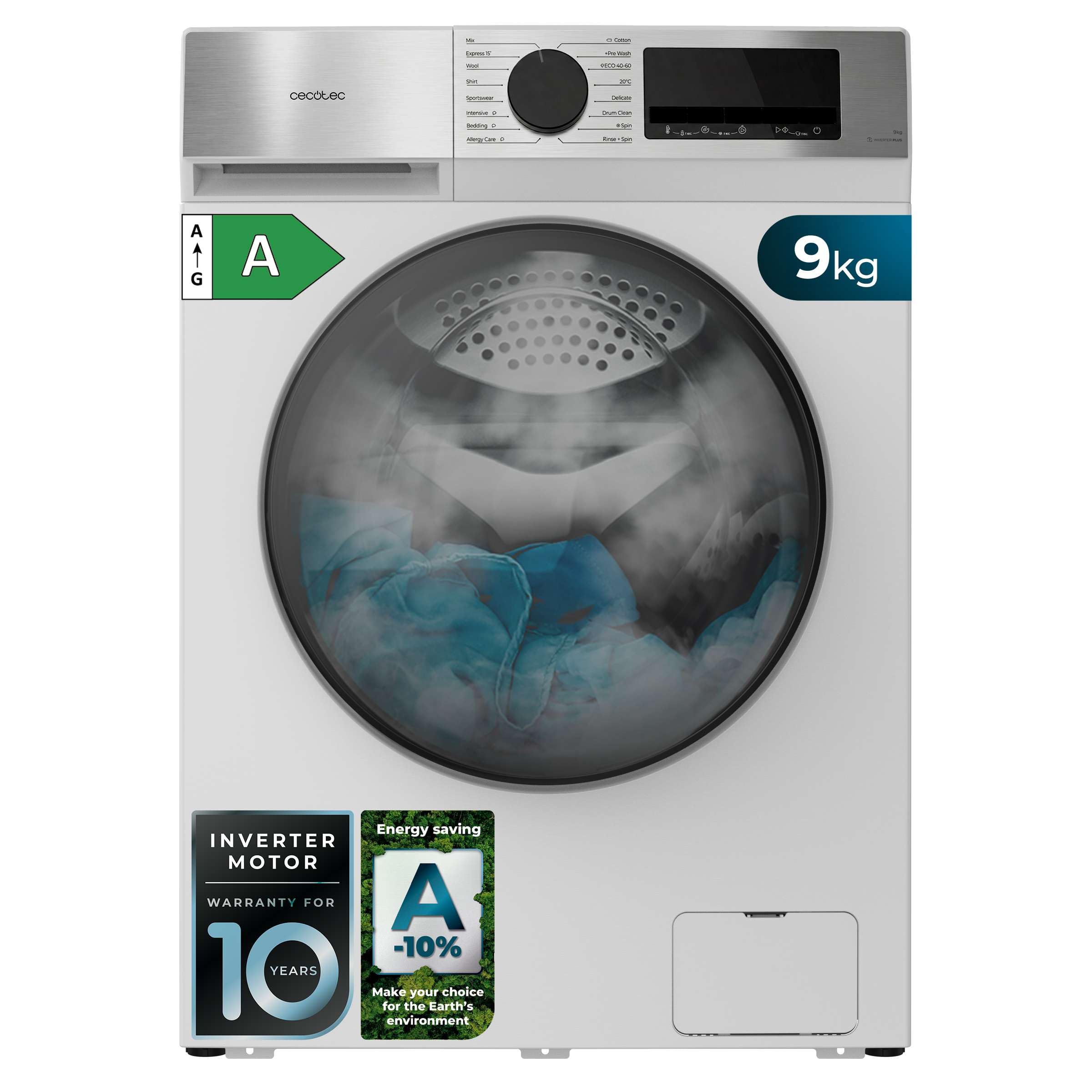Cecotec Lavadora Carga Frontal 8Kg Bolero DressCode 8450 Inverter, 1400 rpm, 16 programas, Clase A-20%, Motor Inverter Plus, Allergy Care, Pearl Drum, Función Silence, Stop&Go y Kid Lock, Blanca — view 12