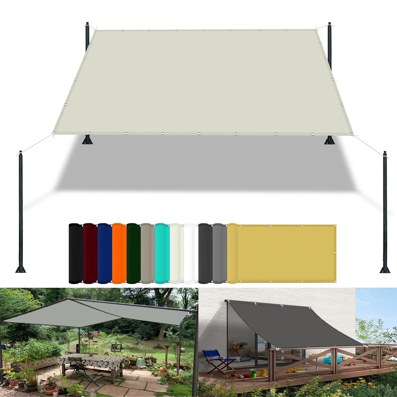 Sun Sail Shade 1.7 x 3 m(5.6 x 9.8ft) Waterproof Patio Sail Pergola with Free Rope UV Block Weather-Resistant with Grommets Pes Shade Netting for Carport Swimming Plants, Ivory — image 1