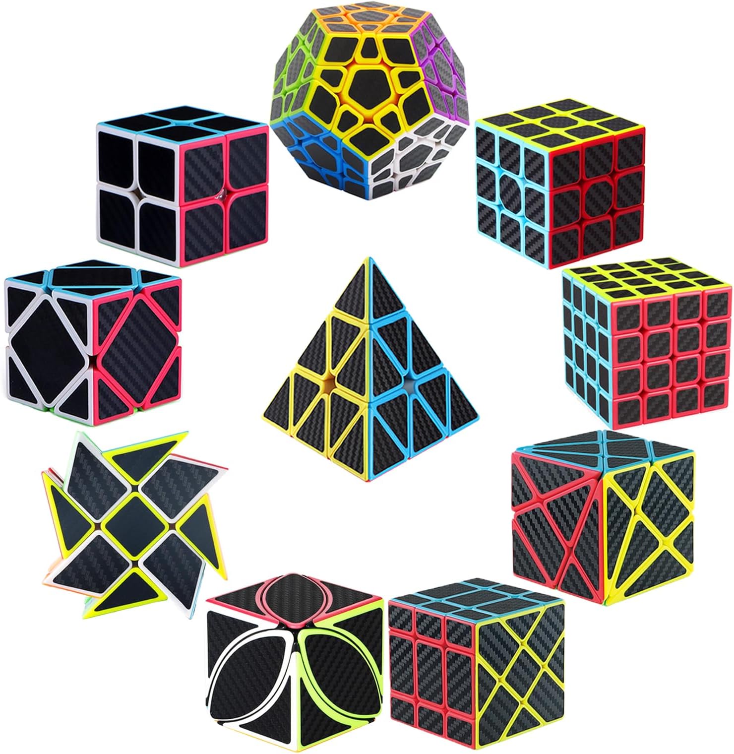 Roxenda Speed Cube Set of 10 - 2x2 3x3 4x4 Skew Ivy Axis Fisher Megaminx Pyramid and Windmill - Carbon Fiber Sticker Magic Collection, Educational Toys for Children and Adults