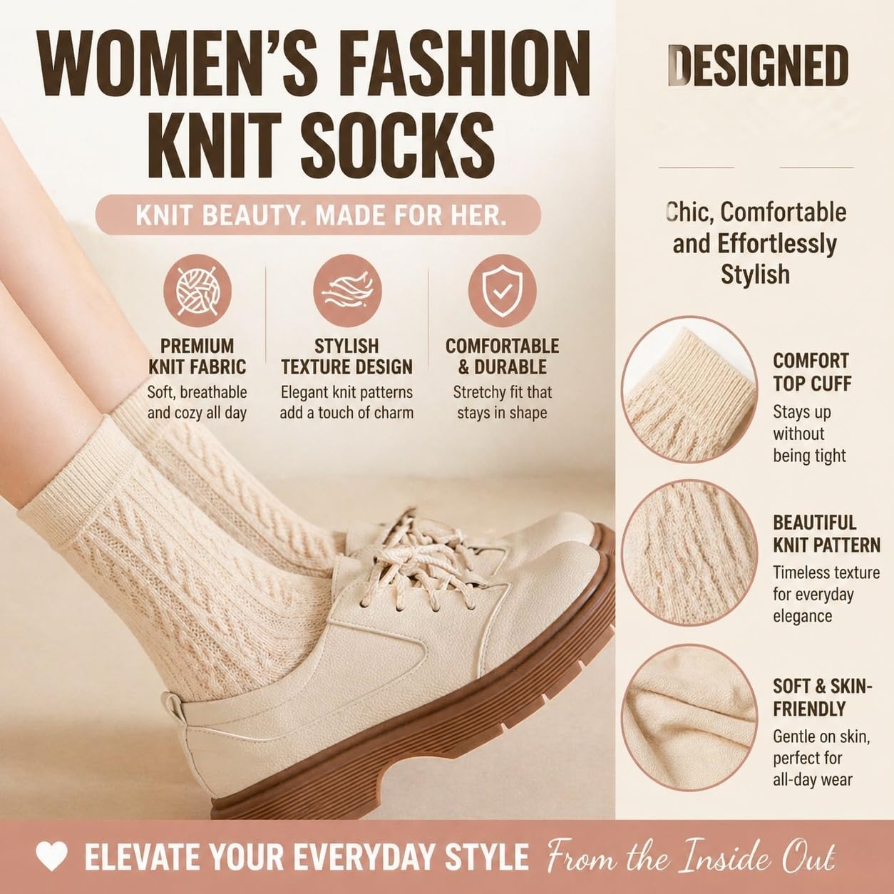 4 pairs socks Women's Cable Knit Crew Socks – Soft Cotton Blend, organic cotton socks women Cream Coquette Socks
