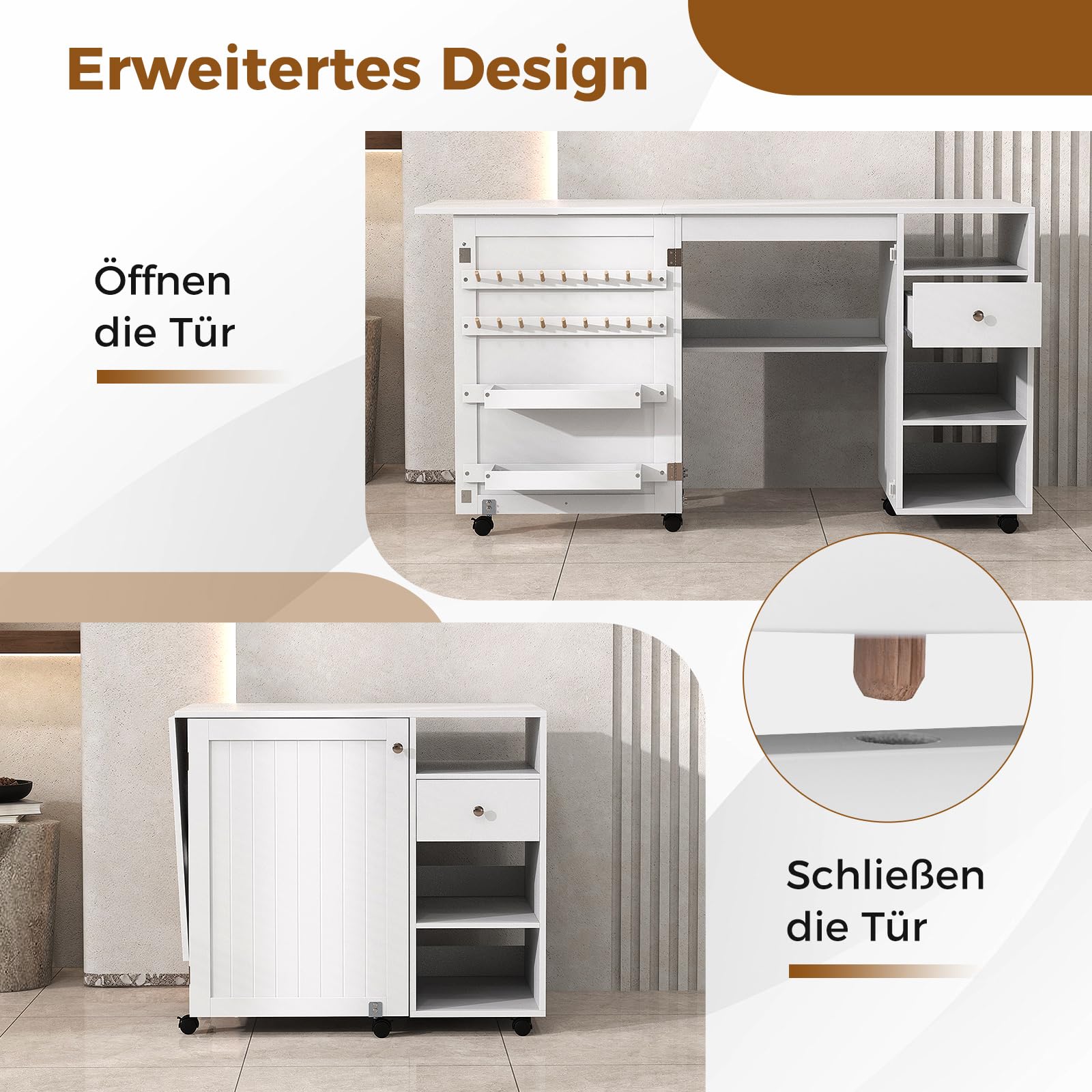 COSTWAY 2 in 1 Nähschrank Schreibtisch klappbar, Nähmaschinentisch mit Ablageflächen, Schubladen, Ablagen & Klammern, Nähmaschinenschrank mit 6 feststellbaren Rollen, Weiß