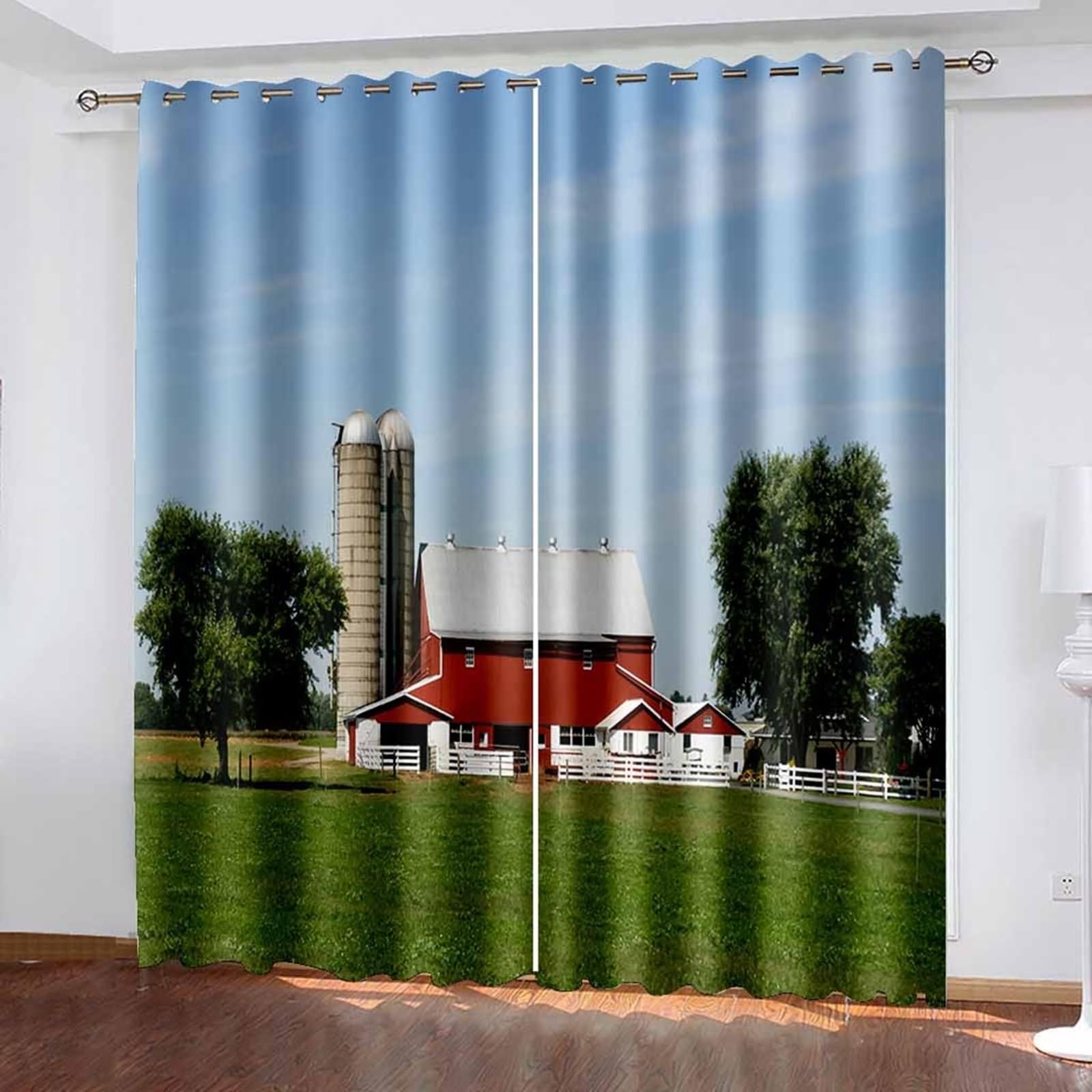 Zasłona okienna, zasłona do salonu niebieski zielony czerwony krajobraz łąki i drzewa poliester 2 panele 192 x 214 cm