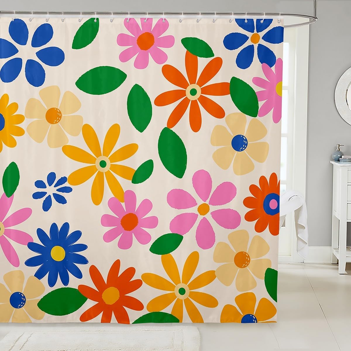 Erosebridal Retro 60S 70S Floral Shower Curtain 72" Wx78 L,Vintage Groovy Daisy Flower Bathroom Curtain for Kids Boys Girls,Bohemian Aesthetic Y2K Style Colorful Trendy Floral Bathroom Decor Set