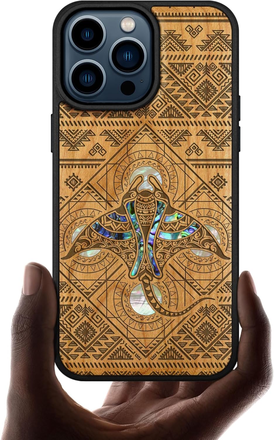 Carveit Wooden Case for iPhone 15 Pro Max Magnetic Case, Compatible with MagSafe Wireless Chargers, Shockproof Cover, Handmade Shell Inlaid & Wood Artisan Engraved (The Tribal Manta Rays) Cherry