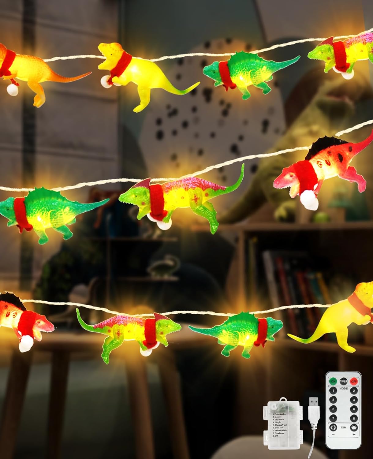 AceList Christmas Dinosaur String Lights with Remote & USB, 20 LED 10FT Dino String Lights for Bedroom, Tent, Wall, Christmas Tree, Indoor Holiday Decorations, Fun Gift Idea for Dino Fans