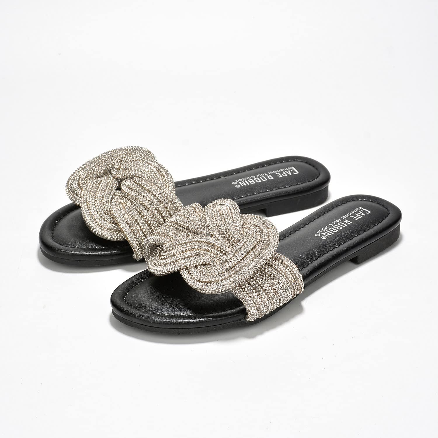 Cape Robbin Women's Glitter Flat Slide Sandals | Dressy Open-Toe Summer Sandals with Rhinestone Knot (Jeffer) - Image 4