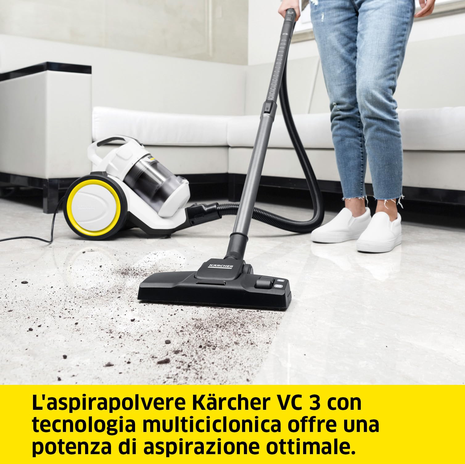 KÄRCHER Aspirapolvere VC 3, Senza Sacchetto, Raggio d'Azione: 7,5 m, Peso: 4,4 kg, Incl. Filtro HEPA 13, Bocchetta per Pavimenti, Bocchetta per Fessure, Spazzola per Mobili