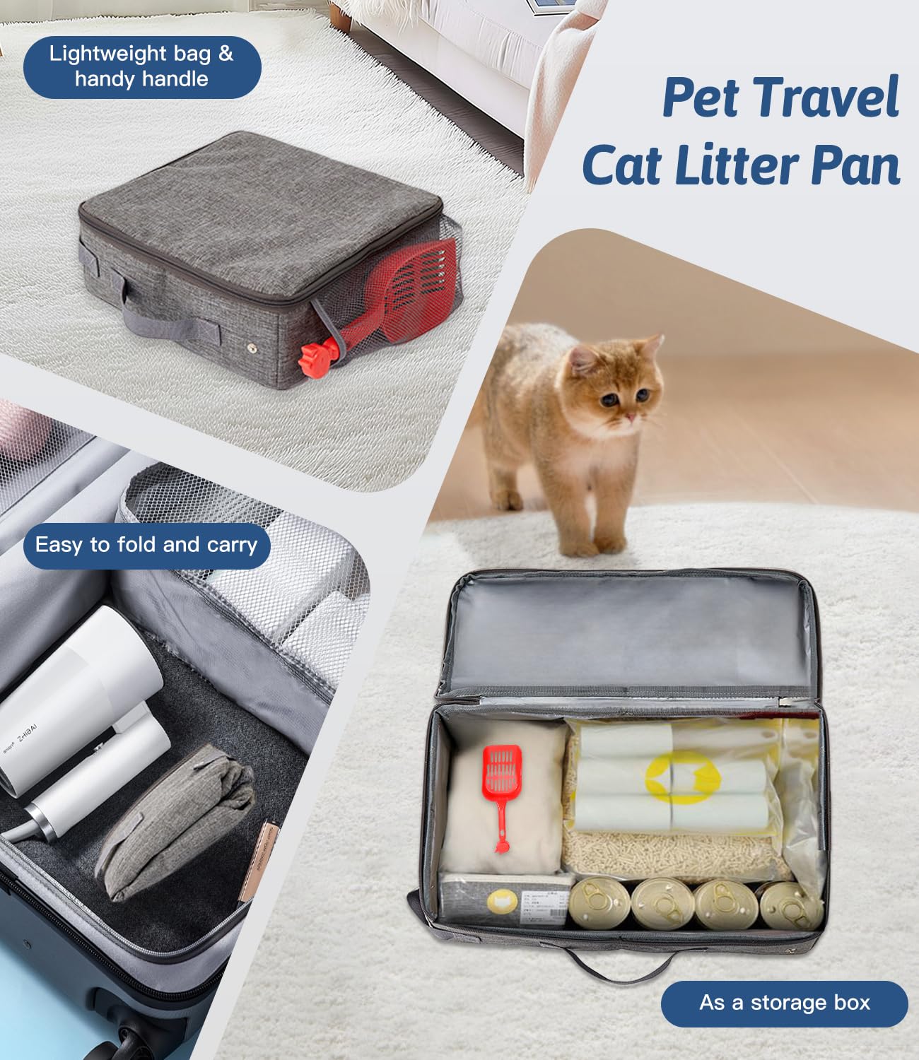 Lettiera Portatile Toilette per Gatti con Coperchio, Lettiera Gatto Aperta con Cerniera e Manico a Paletta, Litter Box per il Viaggio, Leggera, Facile da Pulire, Pieghevole, a Prova di Perdite