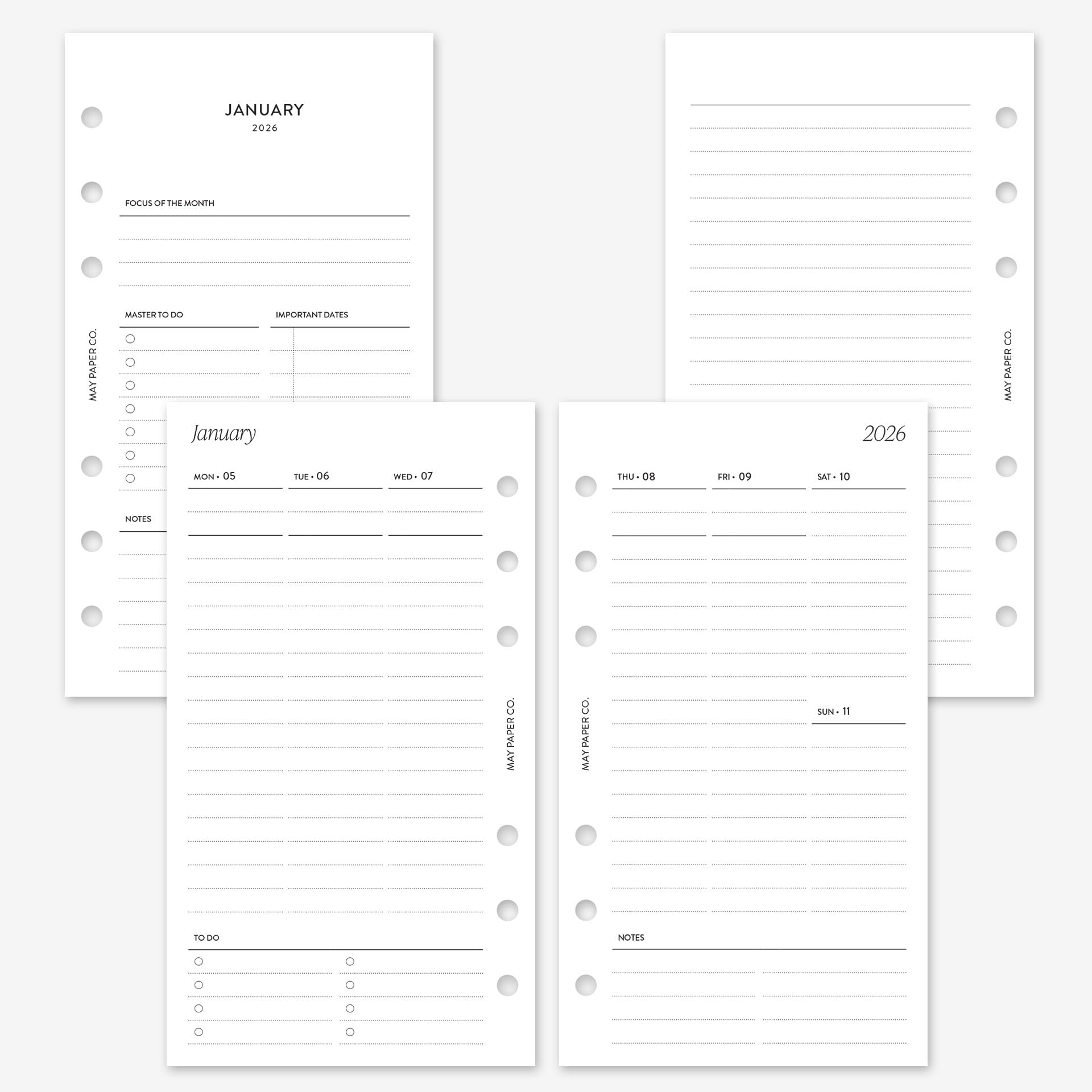 MAY PAPER CO. 2026 Personal Weekly Planner Refill, Week on Two Page Planner Insert for Personal Filofax and LV MM 6 ringed Agenda (Vertical Lined)