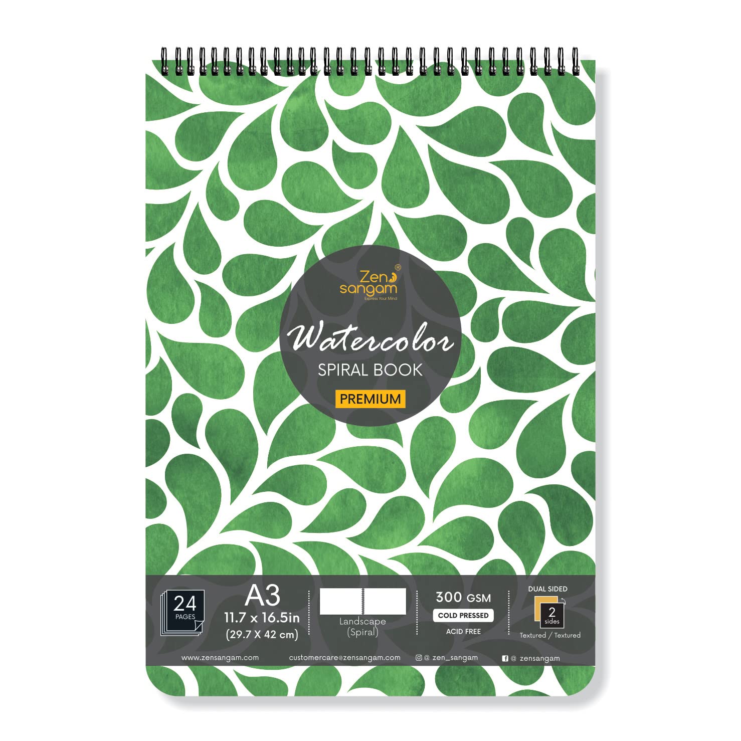 Zen Sangam A3 Spiral Watercolor Book | 300 GSM 100% Cotton | Handmade Papers | Size (42cmx29.7cm) | Landscape | 12 Sheets (24 Pages) for Beginners and Self Taught Artists - Calligraphy Sketchbook