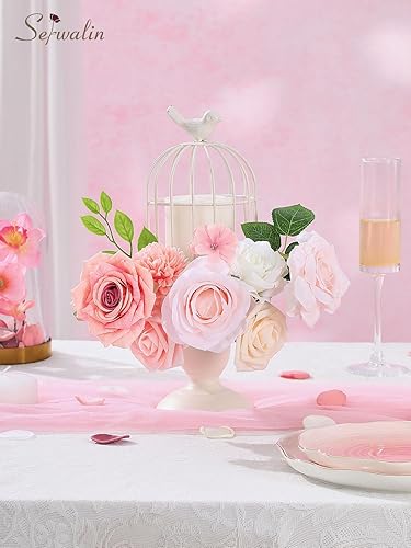 Miniatura 6 de Serwalin Flores artificiales rosas para ramo de novia, bricolaje, decoración falsa de fiesta en el hogar, flores con tallos de espuma de seda rosas