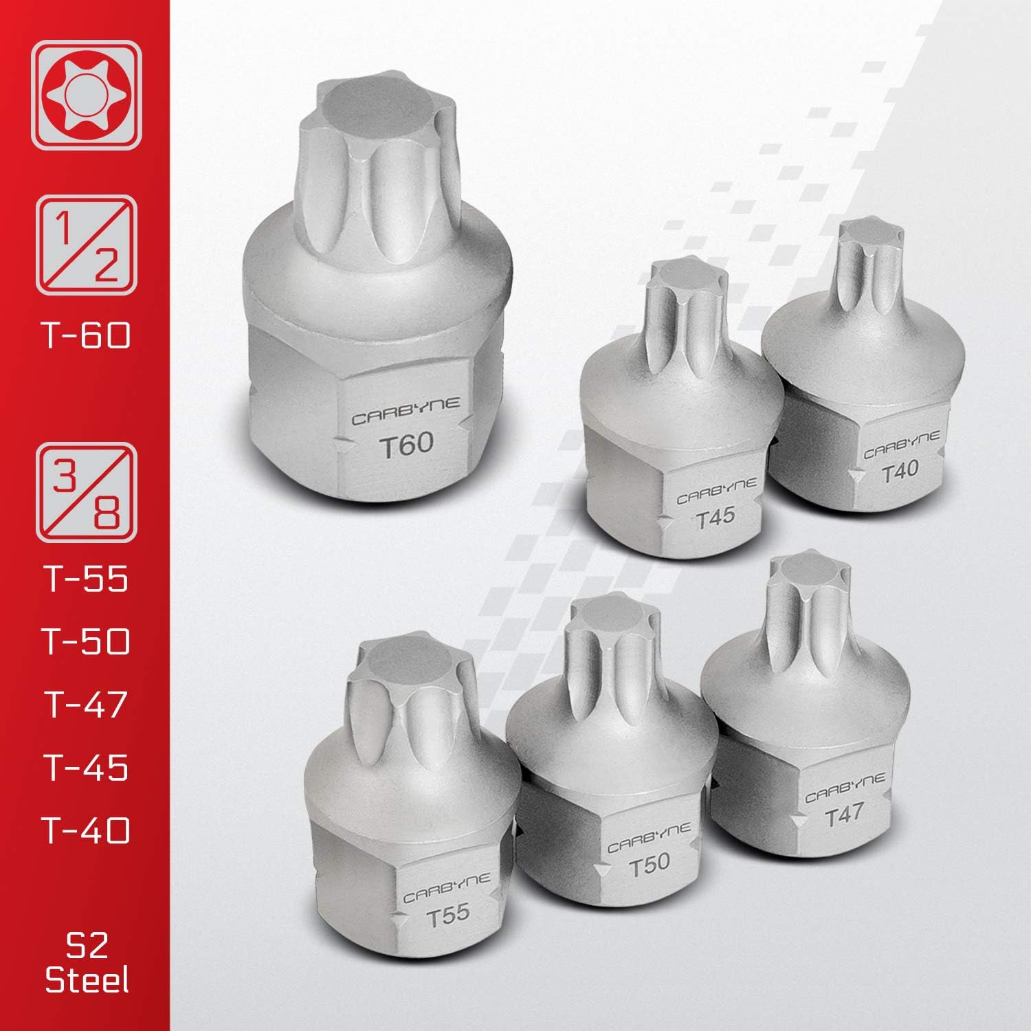 CARBYNE 12-Piece Stubby Low Profile Torx Bit Socket Set, S2 Steel T10 to T60 Sizes, Dual Drive Internal Square Drive and External Hex Drive for Tight Confined Spaces, Geniune Licensed Torx