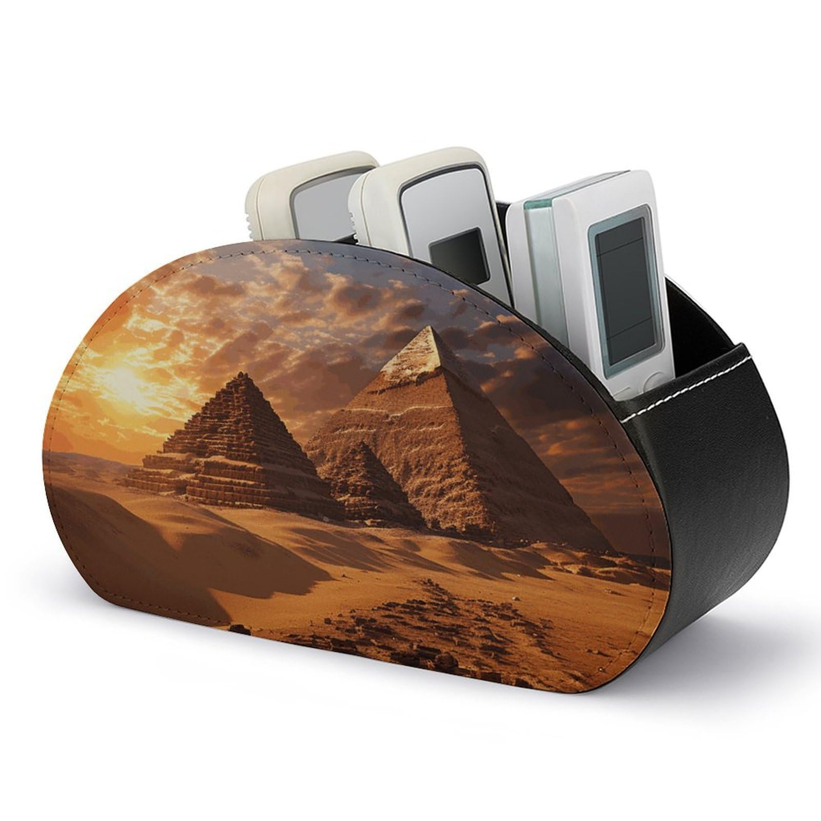 VstaDank Egyptian Pyramids Remote Control Holder with 5 Compartments PU Leather Remote Caddy Desktop Organizer Store TV Remote Control Storage Box for Home Office Desk Nightstand