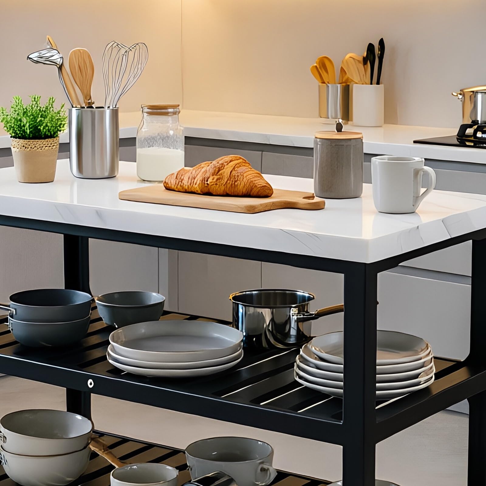 Zf9tBw5sH Unità cucina ad isola Carrello for isola da cucina con rotelle multiuso in metallo a 3 livelli piano in pietra e ruote