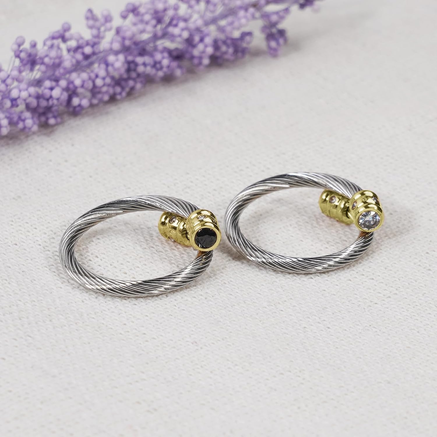 Twisted Cable Wire Rings for Women, Adjustable Stainless Steel Open Ring in Two Tone Silver Gold for Girls Cubic Zirconia Diamonds Jewelries in Gift Box image 5