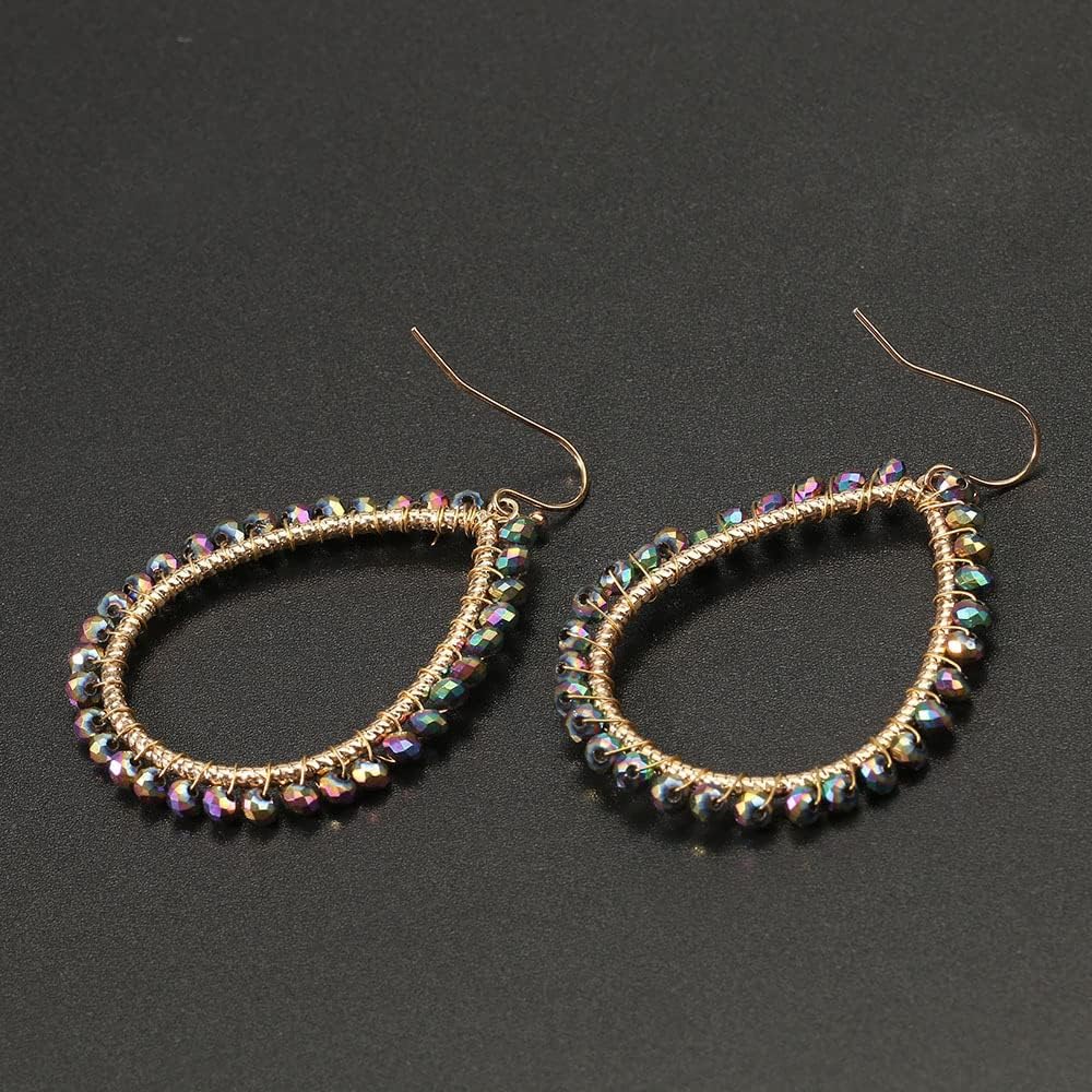 Bohemian Boho Beaded Teardrop Dangle Drop Earrings Hollow Sparkly Crystal Gold Wire Wrapped Crystal Earrings for Women Statement Jewelry - Image 2