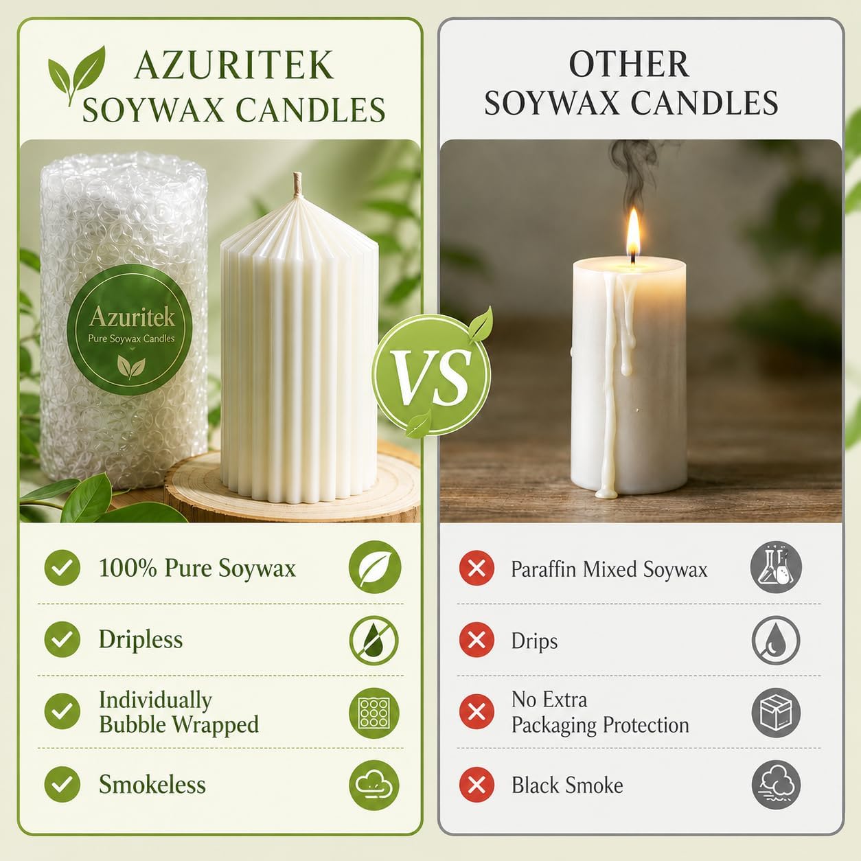 6 velas de cera de soja, cada una de 60 horas de combustión, velas acanaladas de cera de soja 100% pura natural, velas de pilar no tóxicas de larga combustión para el hogar, boda, iglesia