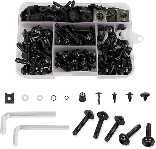 CHIFUN Kit de pernos de carenado de motocicleta, 195 piezas de tornillos de aluminio negros M5 M6, kit surtido de tornillos de plástico, ojales de