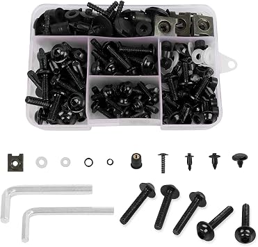 CHIFUN Motorcycle Fairing Bolt Kit, 195 Pcs M5 M6 Aluminum Screws Assortment Kit Plastic Grommets Nuts Washers Clips Universal for Sport Dirt Bike Bodywork Fairing Windscreen Black