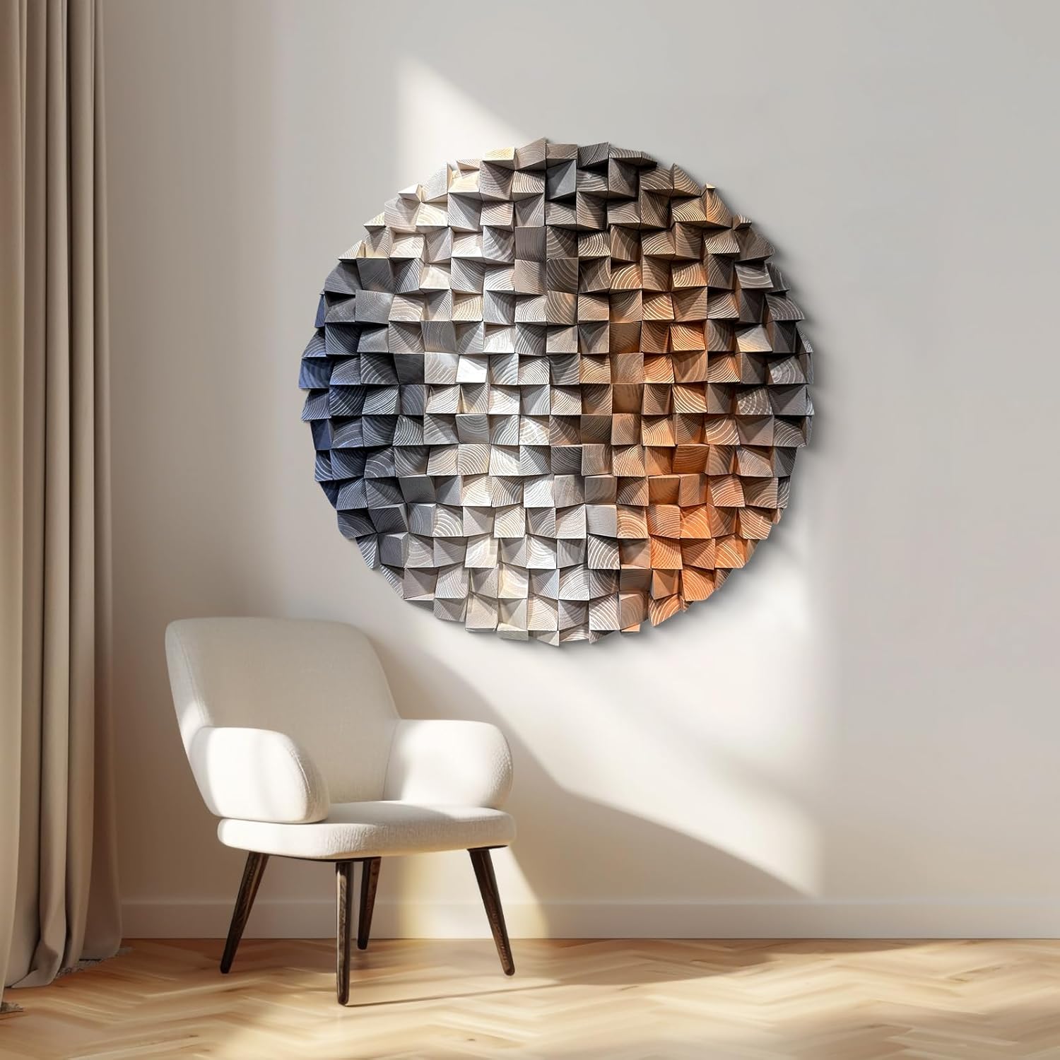 LIUZEYUE - Round Wood Wall Art with White, Blue & Orange Abstract Lines -Bohemian Modern Circular Wall Decor for Living Room, Bedroom, Office 23.6"
