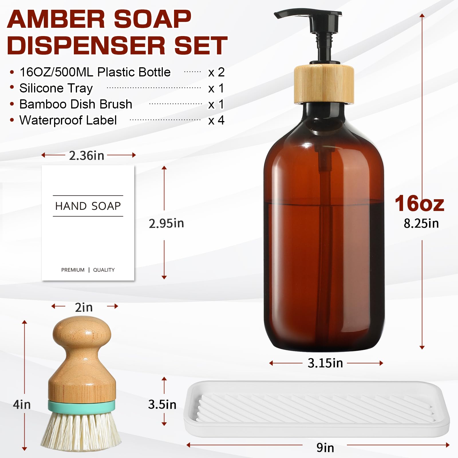 GMISUN Amber Hand and Dish Soap Dispenser Set including Tray - Image 2