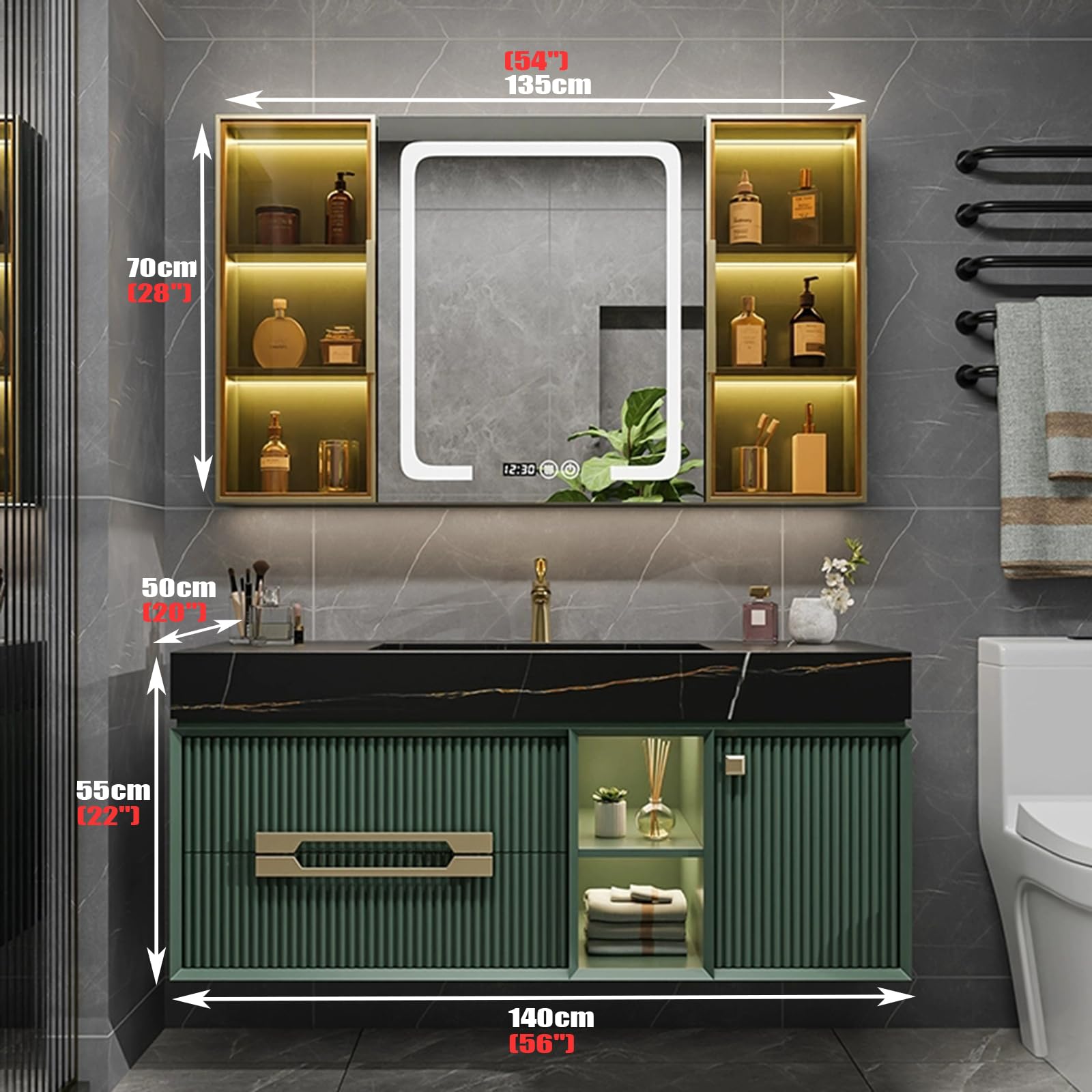 Mueble De Baño con Cajones, Lavabo Y Espejo, Mueble De Baño Suspendido con Lavabo CerámicosGreen,140cm/55in