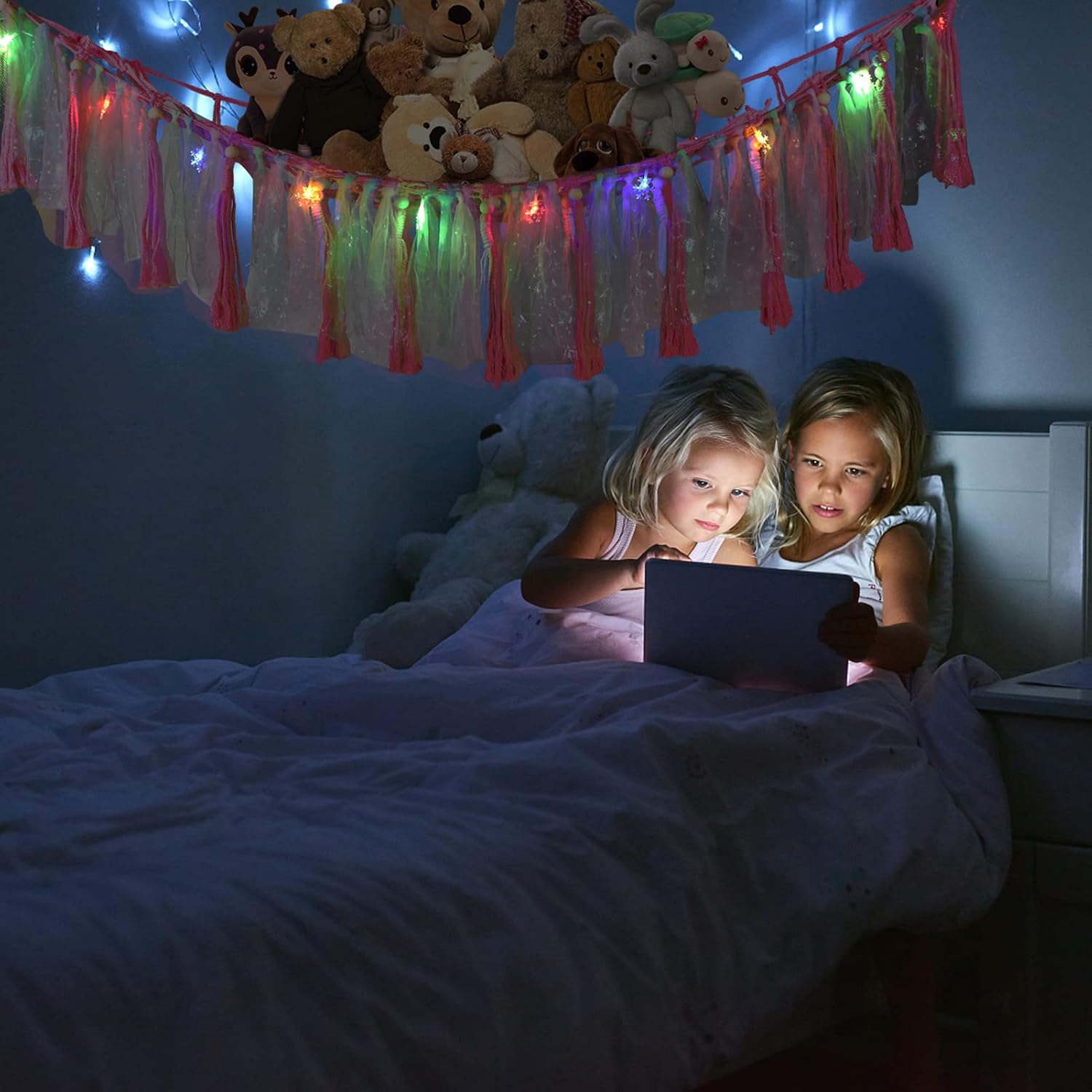 DINGET Stuffed Animal Net - Stuffed Animal Hammock with LED Light Stuffed Animals Storage Organizer Holder Room Dcor with Tassel & Hooks for Nursery Playroom Bedroom Kids Room